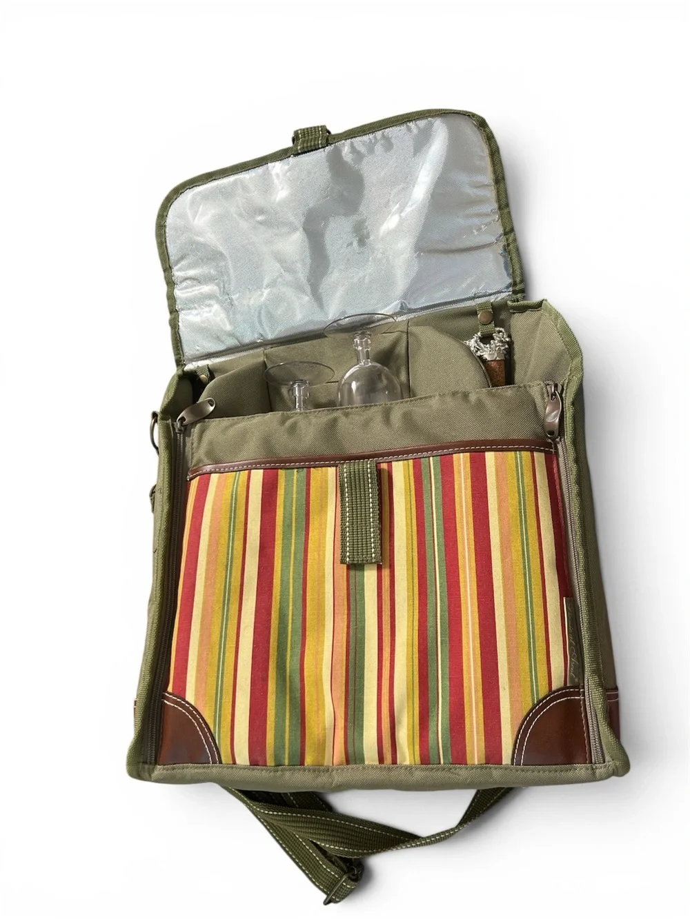 PIcnic‎ At Ascot Olive and Multi-Stripe Insulated Wine Cheese Hiking Backpack
